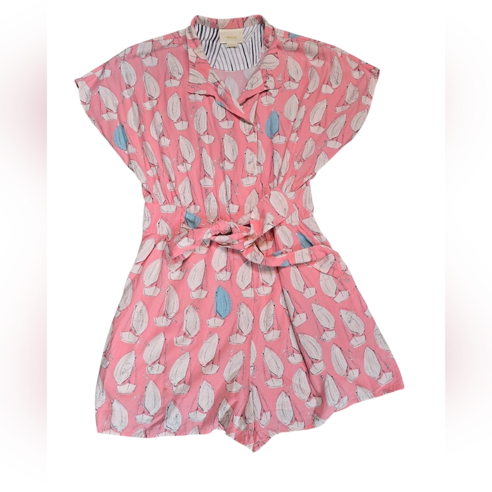 Maeve Pink Printed Short Sleeve Romper with Belt